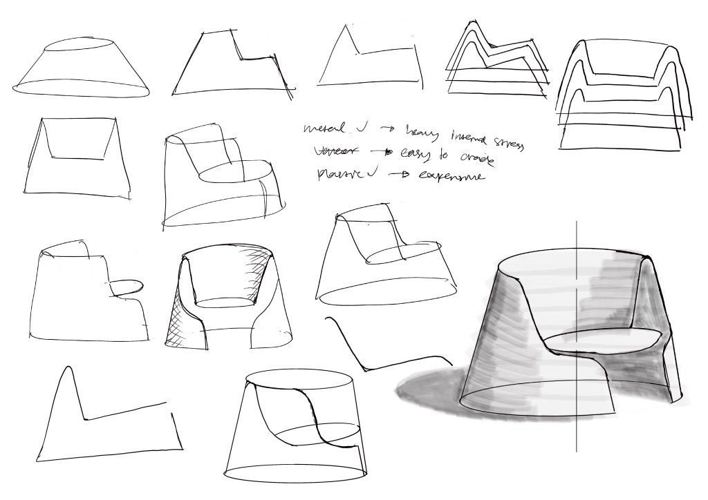 Sketch of a lounge design in a conceptual stage or ideation